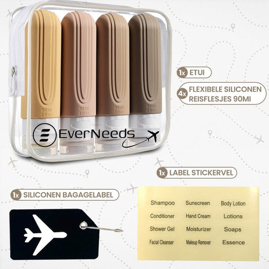 EverNeeds Reiseflaschen mit Etui - Nachfüllbar - Silikon-Reiseflaschen Handgepäck - Hell Apricot - 4 Stück