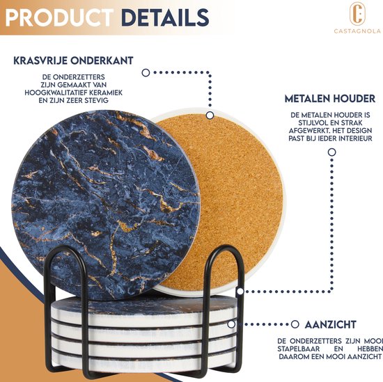 Castagnola Keramik Untersetzer mit Halter - Untersetzer für Gläser - Untersetzer Design - Untersetzer Set - Untersetzer zum Trinken - Keramik - Kork - 6er Set - Blau/Gold