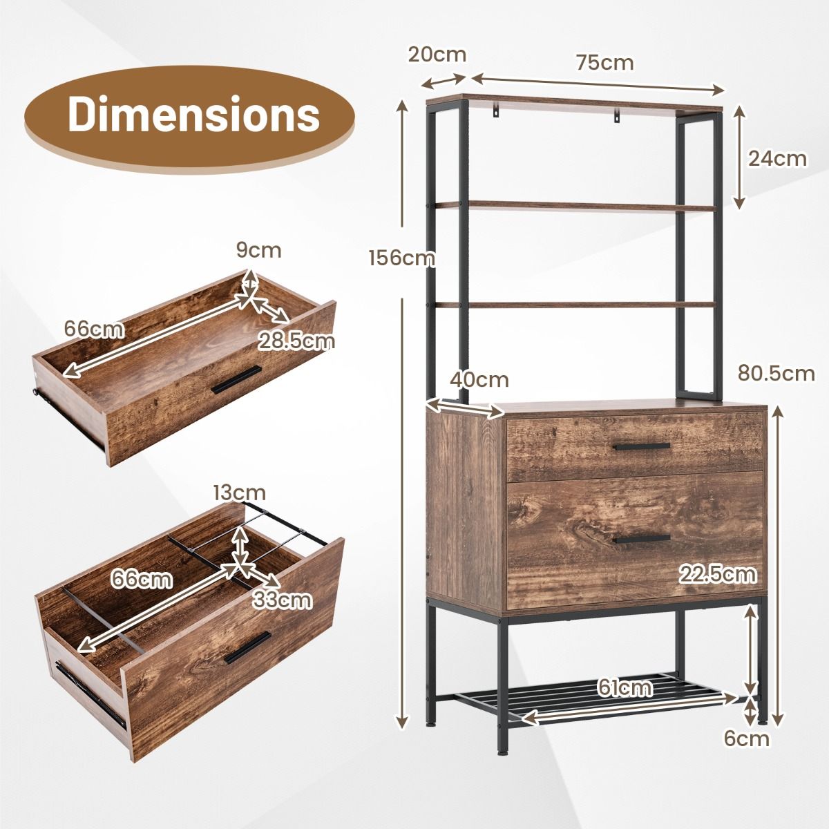Coast Aktenschrank mit Druckerhalterung – 3 offene Fächer – große Schublade – grau