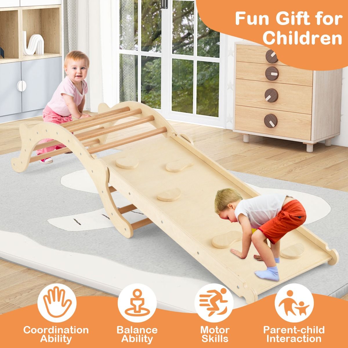 Coast 3-in-1-Kletterleiterset aus Holz mit Bogen, Rutsche und Matte - 116 x 50 x 39 cm - Natur