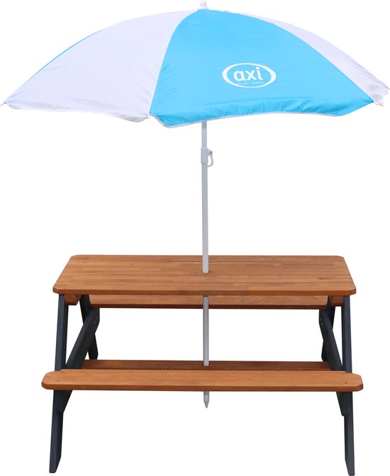 AXI Nick Picknicktisch Anthrazit/Braun – Sonnenschirm Blau/Weiß – Picknicktisch für Kinder aus FSC-Holz
