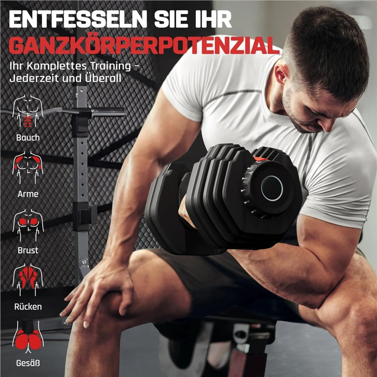 Yaheetech Verstellbares Hantelset 2,5–24 kg – 15-in-1-Schnellverstellung – Schwarz/Rot – 42 × 21,5 × 22 cm