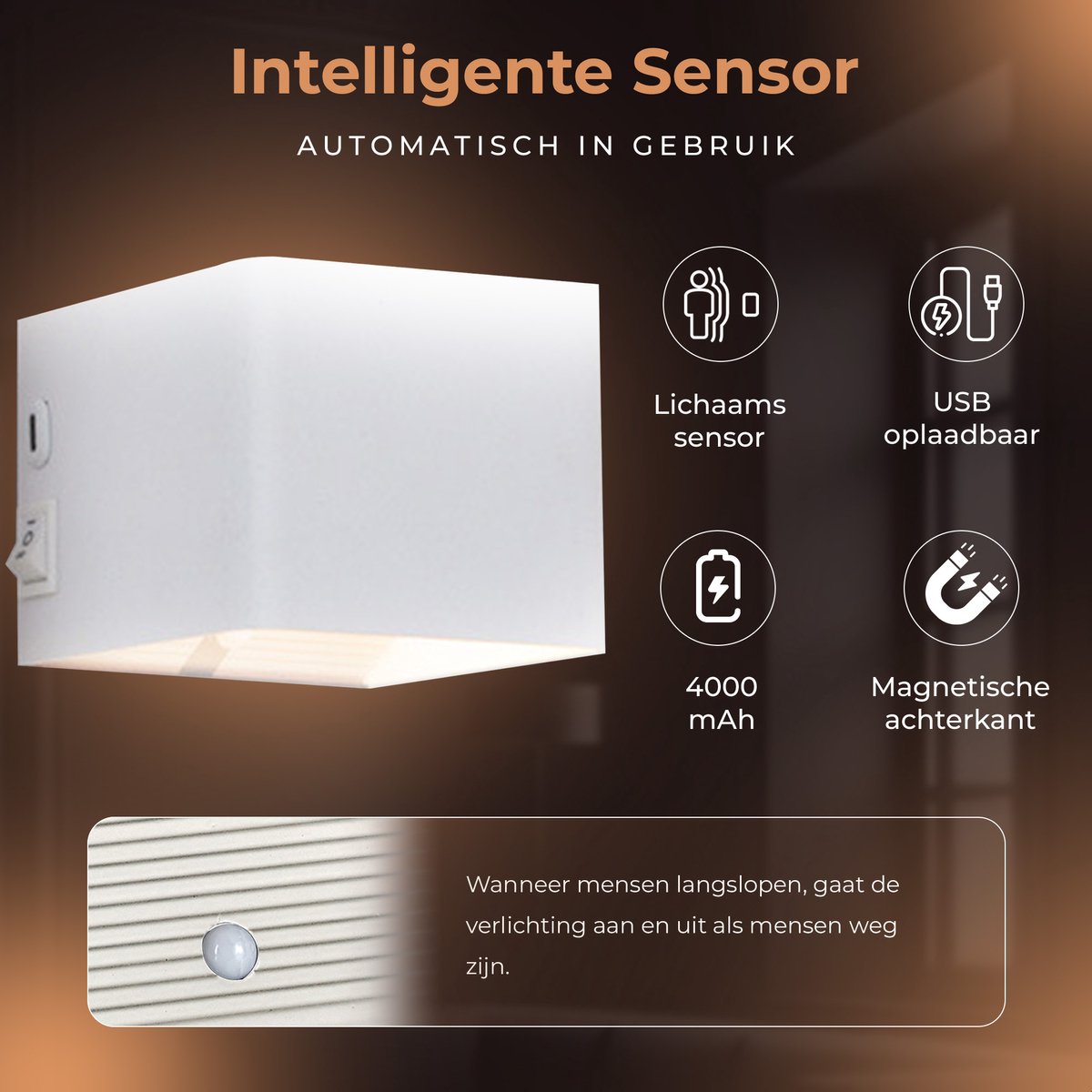 Techvavo® Wiederaufladbare Wandleuchte - 2 Stück - Kabellos, Smart, Weiß - Für Wohnzimmer, Badezimmer, Kinderzimmer, Schlafzimmer - 12x6x4 cm