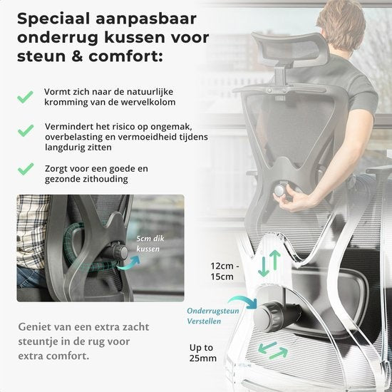 Backerz® Ergonomischer Bürostuhl - Für Erwachsene - Vollständig einstellbar - Zertifiziert bis 150kg - Spielstuhl - Motion Mesh - Schwarz