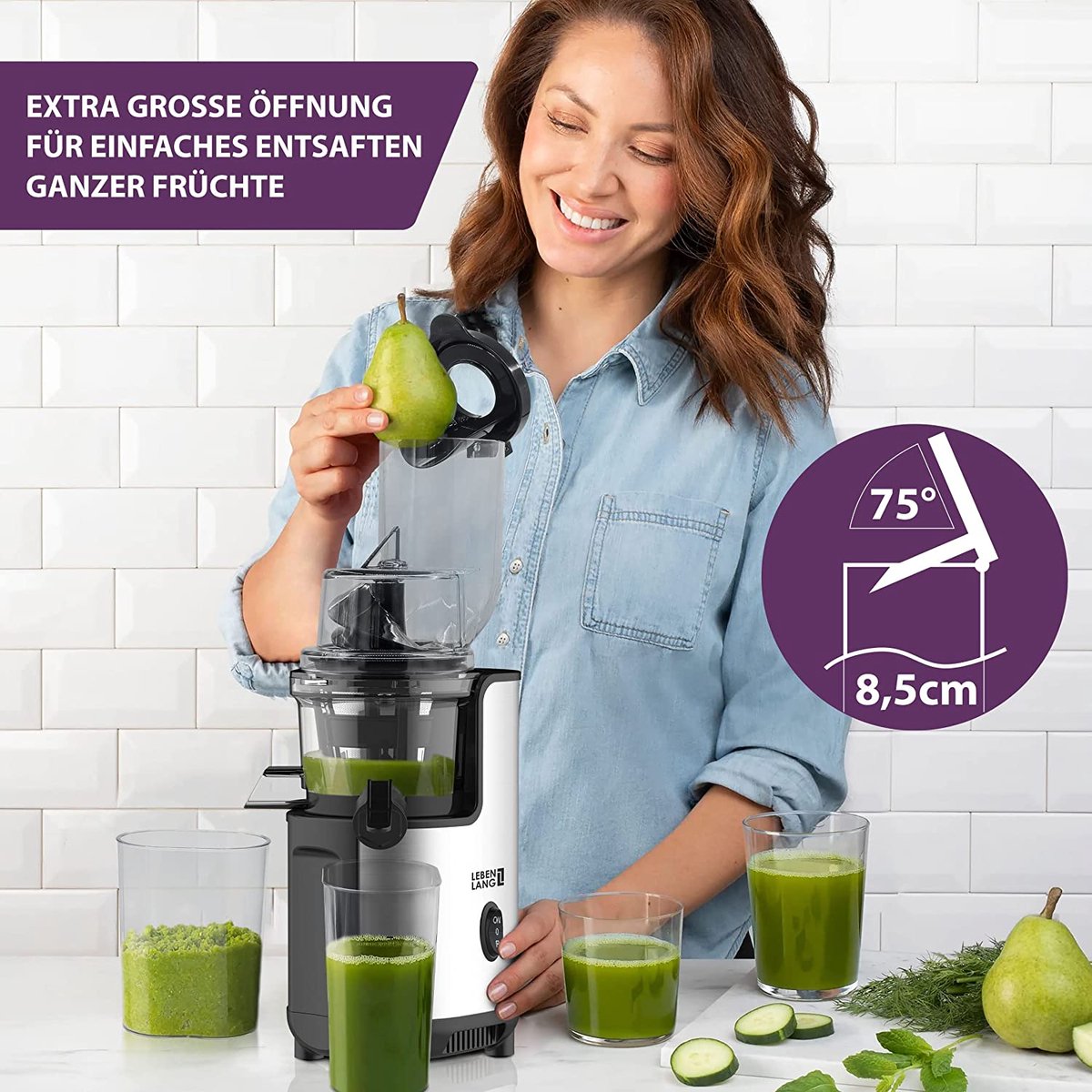 LEBENLANG Slow Juicer 45x35x25 cm - Grau - BPA-freie Kaltpresse für Obst & Gemüse, Keramik-Entsafter, elektrischer Entsafter für Sellerie, Karotten & Smoothies