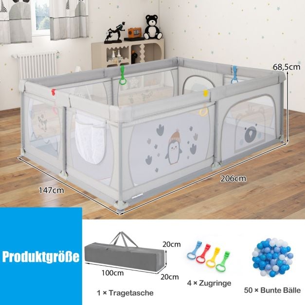 Coast Babybox mit 50 Kugeln und 2 Reißverschlusstüren – Grau – 205 x 147 x 68,5 cm