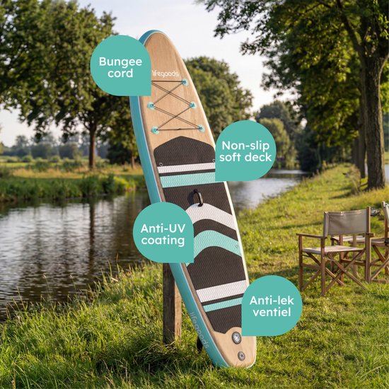 LifeGoods PaddlePro SUP Board - mit Sitz - Aufblasbares Paddle Board - Komplettset - Max. 150KG - 320x81cm - Holz/Mintgrün