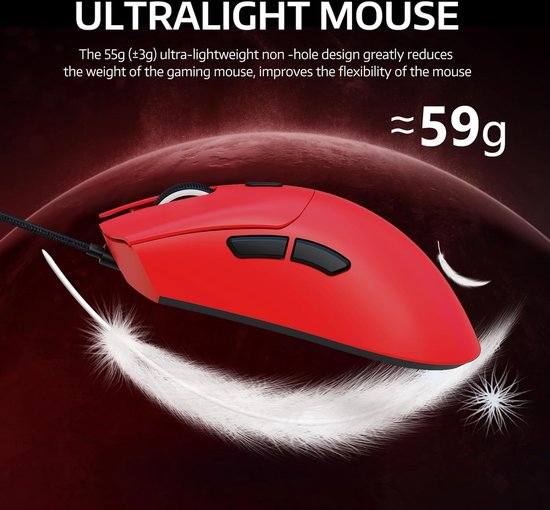 ATTACK SHARK R1 Superlight Gaming Mouse 59g - Rot - 12,2 × 6,4 × 3,8 cm - Kabellos & kabelgebunden - Bis zu 18.000 DPI - 65 Stunden Batterielaufzeit
