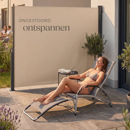 tectake® Ausziehbarer Windschutz mit Aufrollmechanismus – 300 x 180 cm – Seitenmarkise mit Aluminiumrahmen – Sonnenschutz – Gartenschutz – Beigefarbene Balkonmarkise – Undurchsichtiger Sichtschutz – Markisentuch