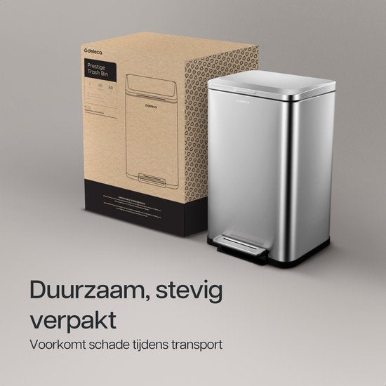 Deleca Mülleimer Prestige - 50 Liter - Breit - Edelstahl Mülleimer / Abfallbehälter / Tret-Abfallsammler - Mit Fußpedal und Slow Close - Matt Silber