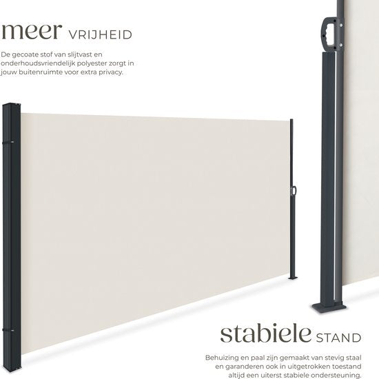 tectake® Ausziehbarer Windschutz mit Aufrollmechanismus – 300 x 180 cm – Seitenmarkise mit Aluminiumrahmen – Sonnenschutz – Gartenschutz – Beigefarbene Balkonmarkise – Undurchsichtiger Sichtschutz – Markisentuch