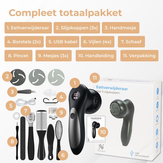 Nuvance - Elektrischer Hornhautentferner - Inkl. 3 Hornhautscheiben - Elektrischer Hornhautentferner - Professionelles Hornhautentferner-Set, 10-teiliges Pediküre-Set - Fußfeile - Usb wiederaufladbar