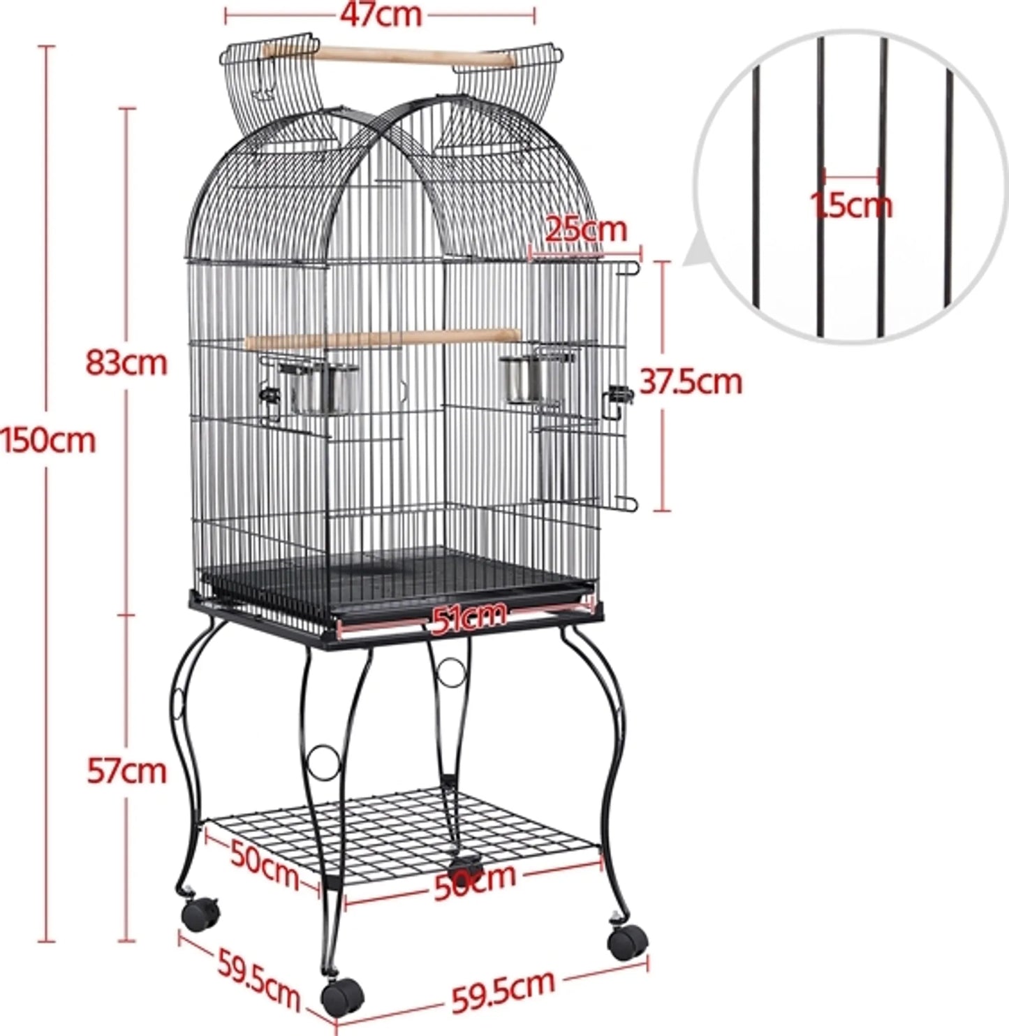 Yaheetech Vogelkäfig - Sittiche und Papageien - 59.5x59.5x150 cm - Mobil - Abnehmbarer Ständer - Sitzstangen - Schwarz