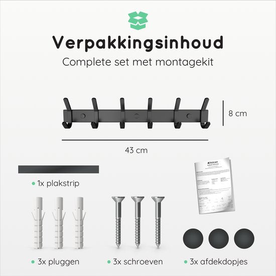 Volcan Wandgarderobe - 12 Haken - Edelstahl - Wandgarderobe zum Aufhängen - Industriell - 3M-Band - Schwarz
