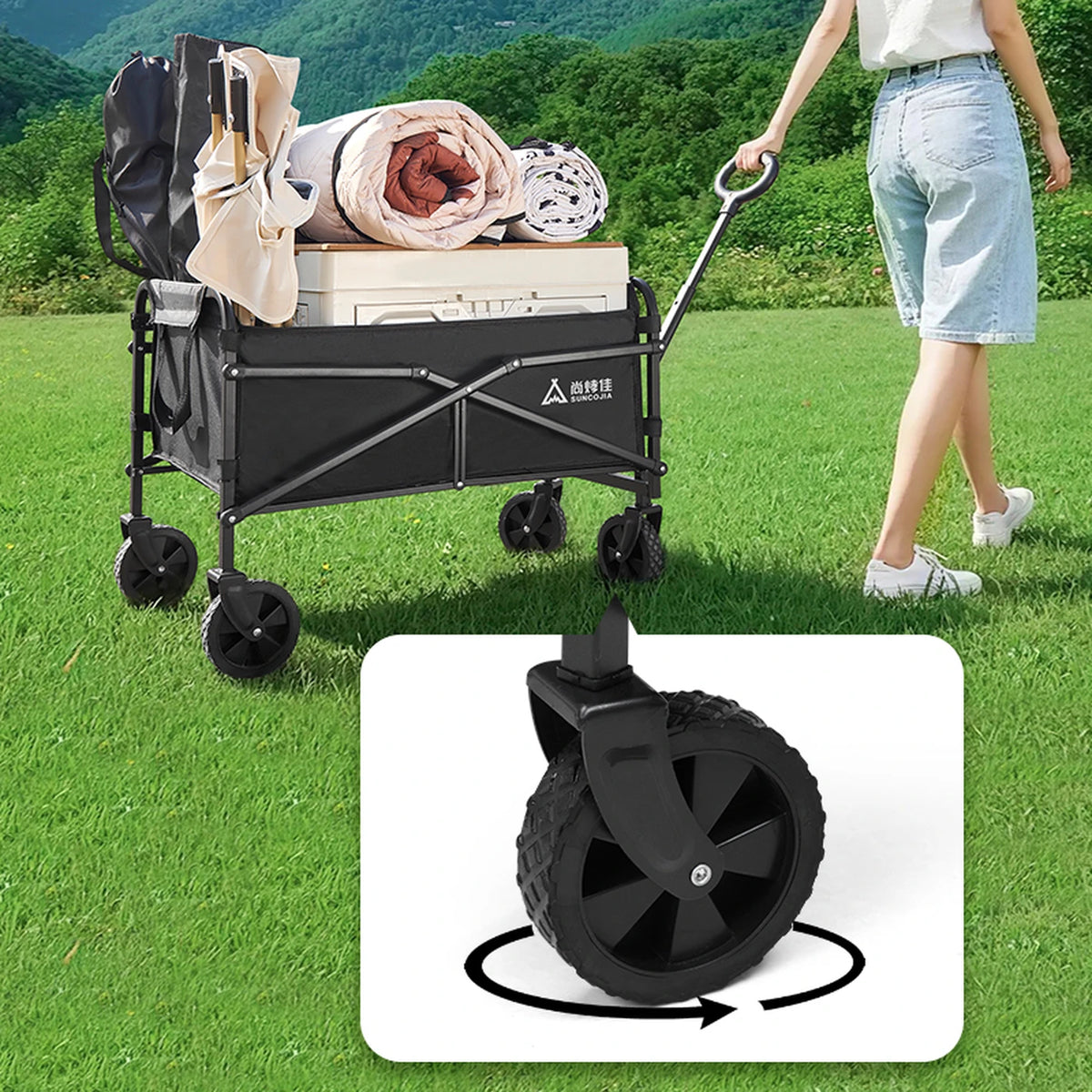 SUNCOJIA Zusammenklappbarer Handwagen mit Rädern, schwarz, 80 x 46 cm