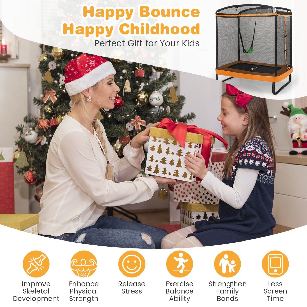 Coast 2-in-1 Kindertrampolin mit Schaukel und Sicherheitsnetz - Schwarz/Orange - 190x122 cm