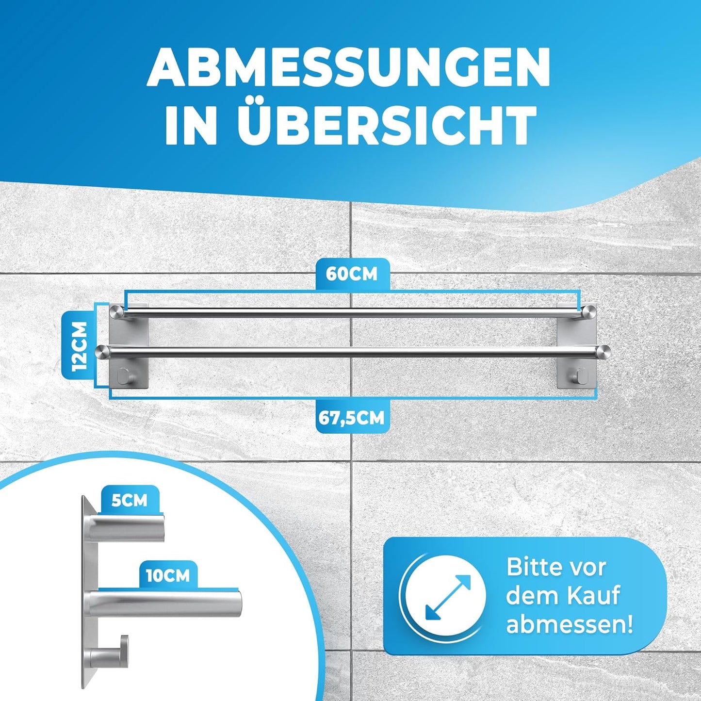 LOBUX® - Handtuchhalter ohne Bohren - 60cm, Edelstahl - Handtuchhalter Bad doppelt, selbstklebend - Handtuchhalter, Handtuchhalter inkl. 2 Handtuchhaken - für Bad, Duschwand, Küche