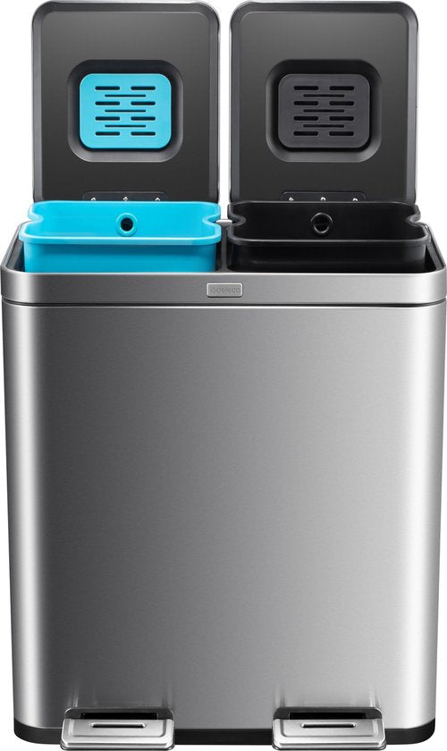 Deleca Recycling-Mülleimer mit 2 Fächern - 60 Liter (2x30) Abfallbehälter - Mülltrennung / Pfandbehälter / Tret-Abfallsammler - Mülleimer mit FreshAura Geruchskontrolle - Slow Close - Edelstahl Silber