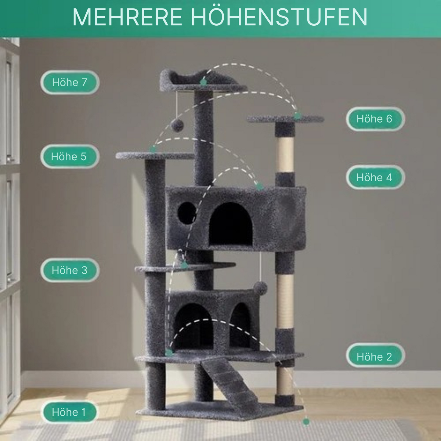 Avalo - Katzenkratzbaum - mit 7 Ebenen - 137x50x50 CM - Kratzbaum für große Katzen - Dunkelgrau