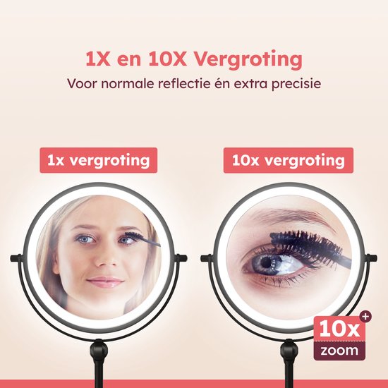 Fraay® Make-up-Spiegel mit LED-Beleuchtung – 10-fache Vergrößerung – Vergrößerungsspiegel mit Licht – Wiederaufladbar – Rasierspiegel – Badezimmerspiegel – Schwarz