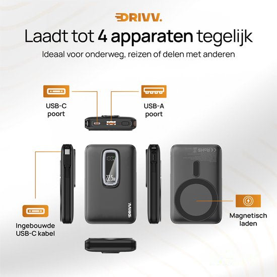 Powerbank 10.000 mAh, MagSafe-kompatibel, mit USB-C-Kabel – 3-in-1-Design – 22,5 W kabellose Powerbank – inklusive 60-W-Ladekabel – Schnellladefunktion – USB & USB-C – Schwarz