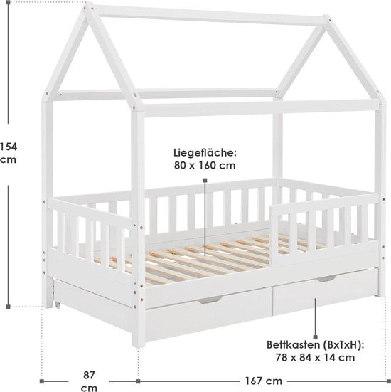 Kinderbett Marli - 80 x 160 cm - Weiß - inkl. Bettkästen