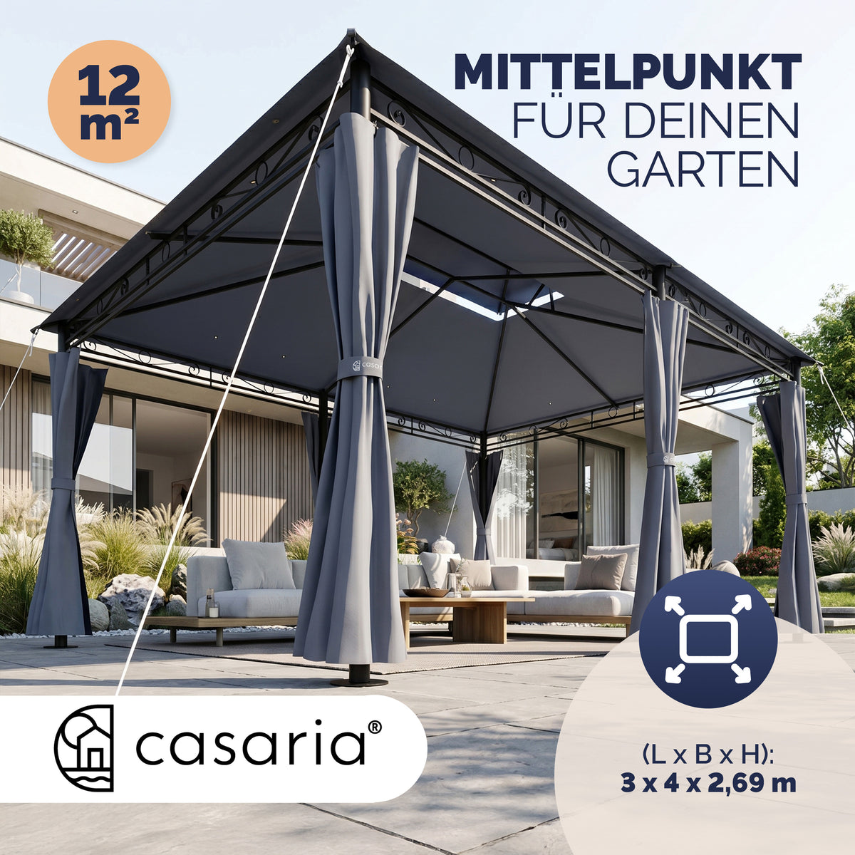 Casaria Topas Pavillon 3 x 4 m – mit Seitenwänden und Belüftungsdach – UV-Schutz 50+ – Stahlrahmen – Anthrazit