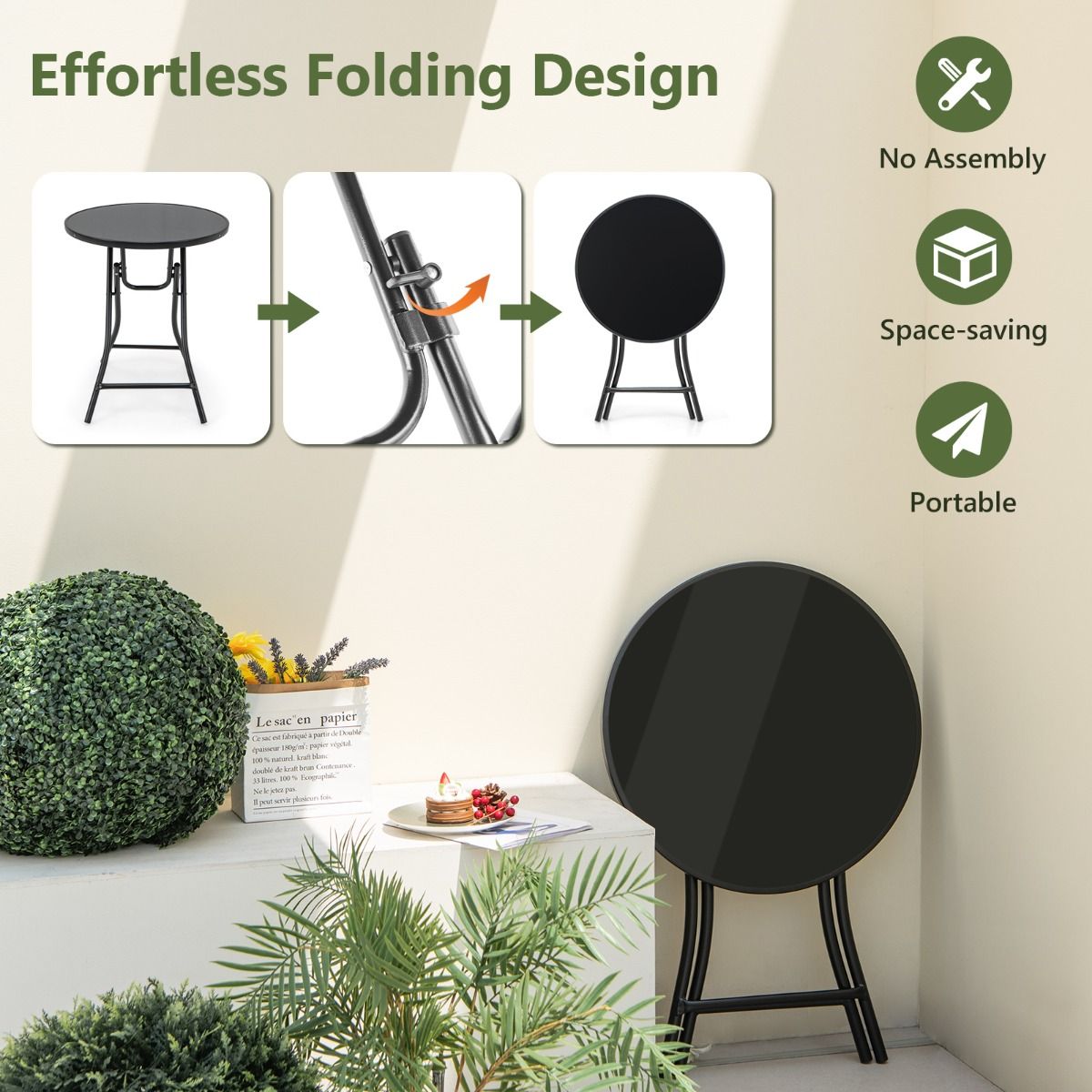 Coast Runder Bistrotisch - Faltbar - 59x67 cm - Terrassen- Mit gehärtetem Glas und Metallgestell - Schwarz