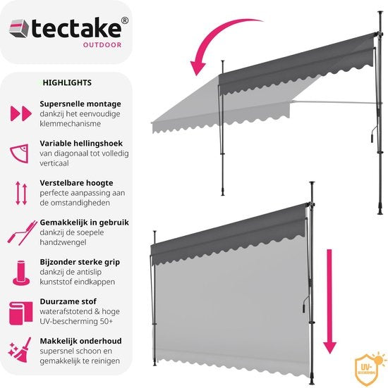 tectake - Klemmmarkise - Sonnenschirm - Markise - Verstellbar - Klemmmarkise - Sonnenschirm Balkon - 350 x 180 cm - schwarz grau - Markise - 404968