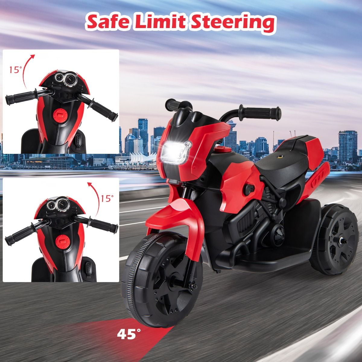 Coast Elektromotorrad für Kinder – Dreirad-Ausführung – mit LED-Scheinwerfer – rot