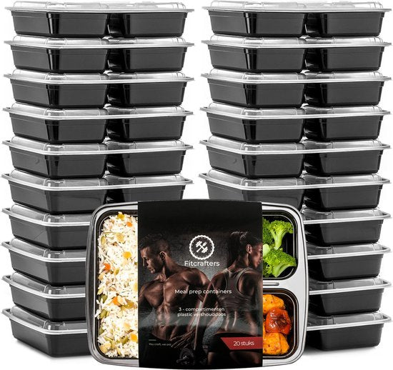 Fitcrafters Meal Prep Trays - Frischhalteschalen - Tiefkühlschalen - 20 Stück - 3 Fächer - 1L - BPA frei