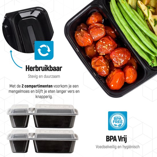 Fitcrafters Meal Prep Trays - Frischhalteschalen - Tiefkühlschalen - 10 Stück - 2 Fächer - 1L - BPA frei