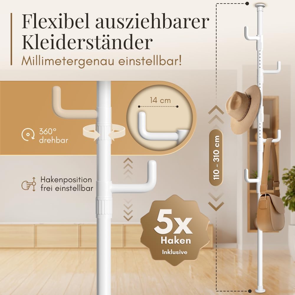 LOBUX® - Garderobenständer ausziehbar, 5 Haken [weiß, 110-310cm] - Teleskop-Garderobenständer stabil - platzsparender Metall-Garderobenständer - Dienerschaftständer Schlafzimmer - Flurgarderobe - Kleiderständer Balkon