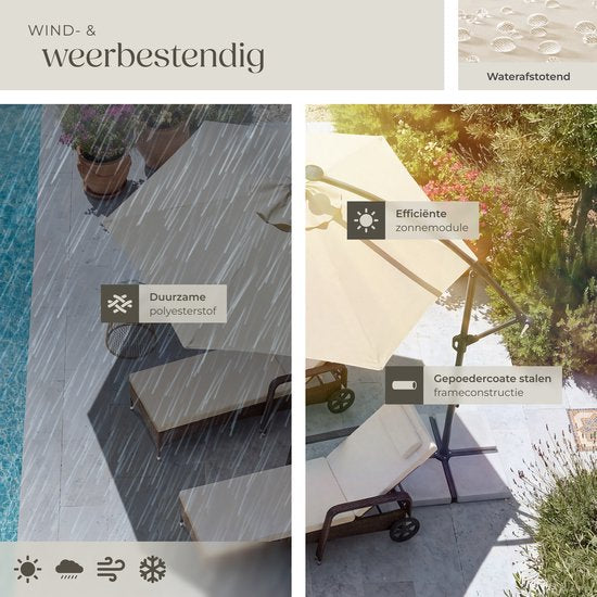 tectake® Schwebeschirm mit Sockel – 3,5 x 3,5 m – Gartenschirm mit solarbetriebener LED-Beleuchtung – schwenkbar – wasserabweisendes Polyester mit UV-Schutz – inklusive Schutzhülle – Beige