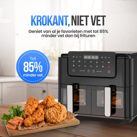 Strex Airfryer XXL - 10L - 2500W - Heißluftfritteuse - Double Airfryer - 50ºC bis 200ºC - 10 Kochprogramme - Schwarz