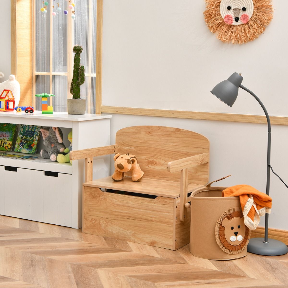 3-in-1-Kinderspieltisch mit Bank und Aufbewahrungsbox – 60 x 56,5 x 43,5 cm – Naturfarben