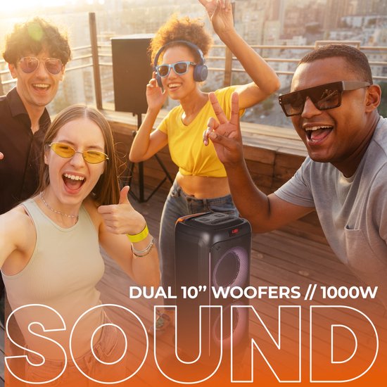 Denver - BPS458 - Bluetooth Party Lautsprecher - mit Discolichtern - Inkl. drahtlosem Mikrofon & Fernbedienung - Schwarz