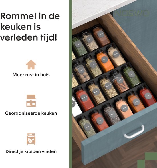 Noswo Gewürzregal Schublade - 4 Schichten - für 28 Gewürzdosen - Edelstahl - Gewürzorganisation - Küchenschubladenorganisation