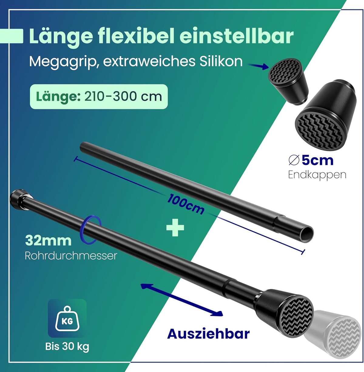 LOBUX - Gardinenstange ohne Bohren – Teleskopstange Vorhang ausziehbar - 210-300cm - schwarz