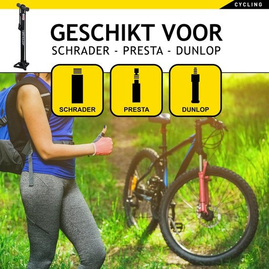 Dunlop Fahrradpumpe - Presta/ Dunlop/ Schrader - mit 2 Adaptern - Standpumpe - 62,5 cm hoch
