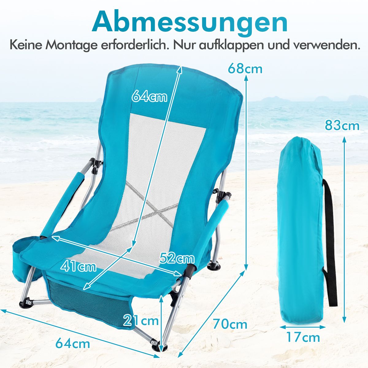 Coast Klappbarer Strandstuhl – atmungsaktives Netzgewebe – mit Armlehnen und Getränkehalter – blau