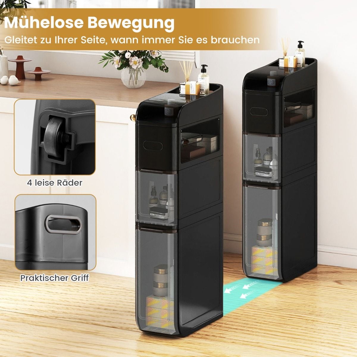 Coast Schmaler Badezimmerschrank mit 2 Schubladen und Papiertuchspender – Schwarz – 43 x 18 x 88 cm