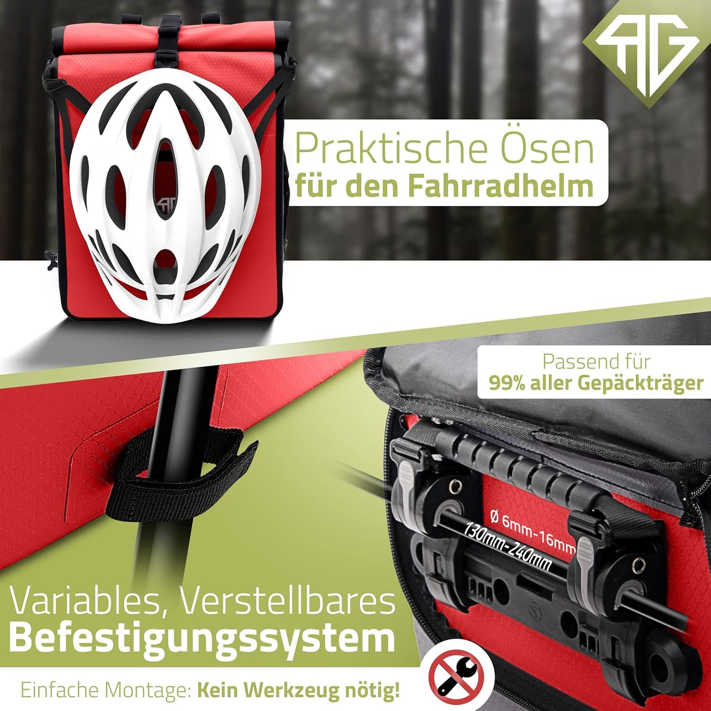 RADGEIST 3in1 Fahrradtasche für Gepäckträger - Fahrradrucksack - Tragetasche - Umhängetasche - mit Laptopfach - wasserdicht - 25L - rot