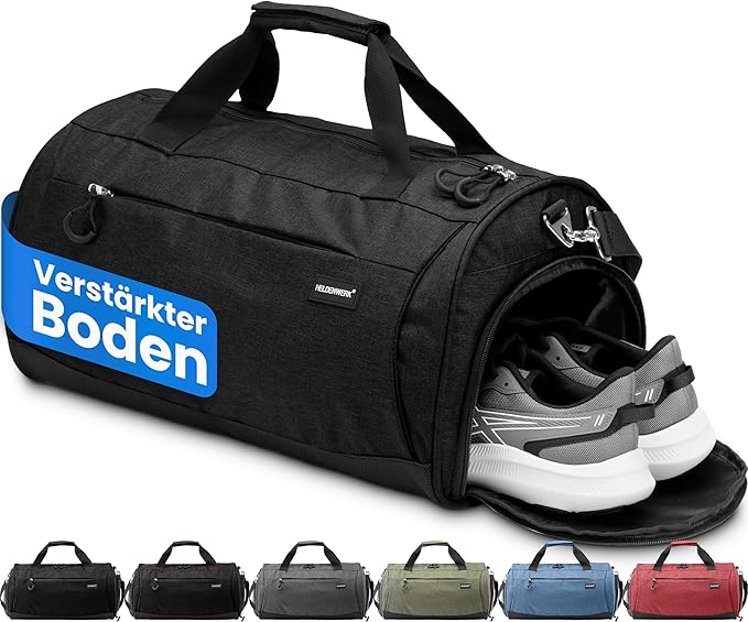 Herowerk Sporttasche mit Schuhfach und Nassfach, Trainingstasche für Damen und Herren, ideal als Reisetasche, Fitnesstasche, Trainingstasche oder Sporttasche, schwarz, Sporttasche mit Schultergurt