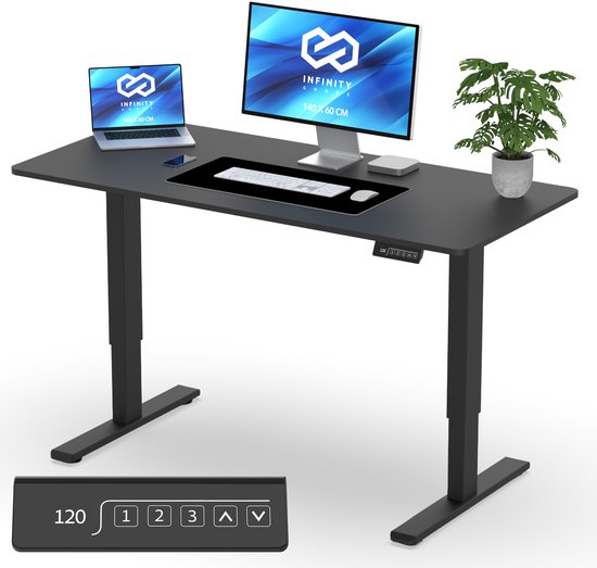 Infinity Goods Sitz-Steh-Schreibtisch, elektrisch verstellbar – 140 x 60 cm – Speicherfunktion – Schwarz