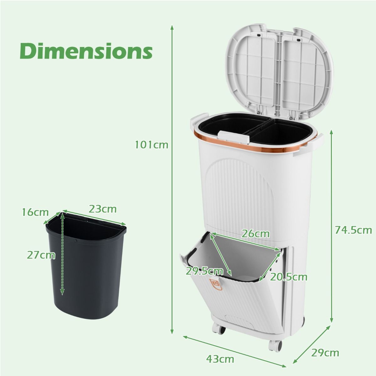 Coast Abfallbehälter 38 Liter mit Deckel – Zweistufiges Abfalltrennsystem – Pedal und Rollen – Weiß – 43 x 29 x 74,5 cm