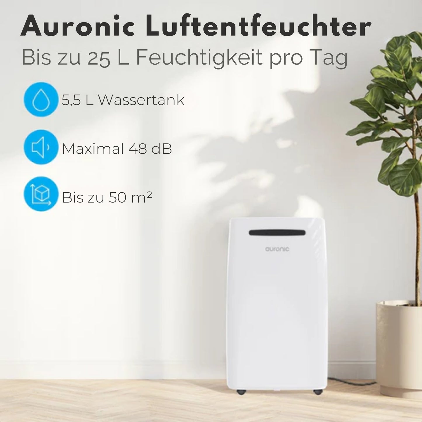 Auronic Luftentfeuchter - 25L pro Tag - Schlafzimmer/ Badezimmer/ Wohnzimmer & Büro - Weiß