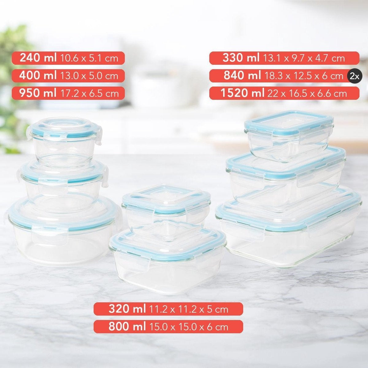 KitchenBrothers Mahlzeit Vorbereitung Tabletts - Frische Tray Set - luftdicht - BPA frei - Glas - 9 Stück