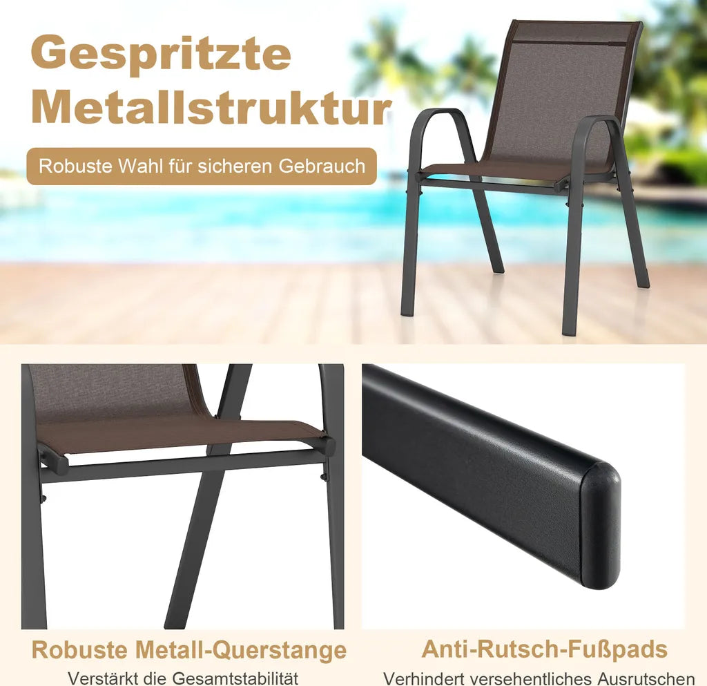 COAST 4er Set stapelbarer Gartenstühle, Balkonstühle, Terrassenstühle, stapelbare Stühle mit Armlehnen bis 150 kg, 56 x 70 x 84 cm, braun
