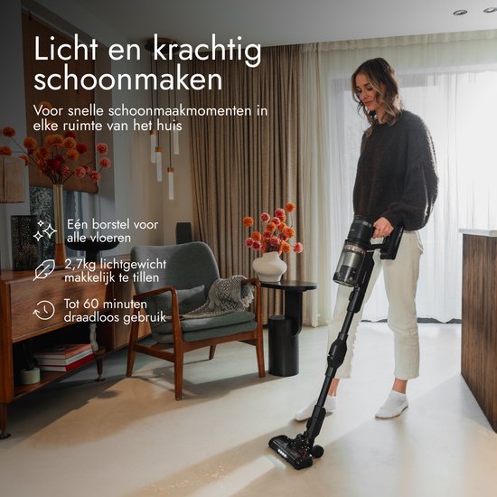 Bloomfold Kabelloser Stabstaubsauger Swift – Handstaubsauger – Mit Laser und Schmutzerkennung – Leistungsstarker 350-W-Akku-Staubsauger für Tierhaare – Leicht – 60 Min. Akkulaufzeit